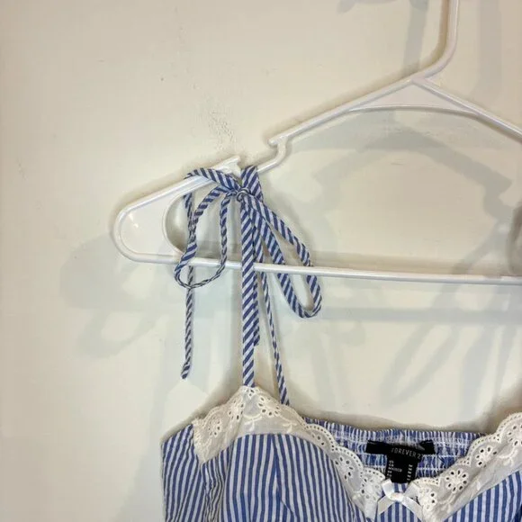 Forever 21 Mini Dress Sz M Coquette Y2K Milkmaid Lace Cottagecore Seersucker - Picture 4 of 10